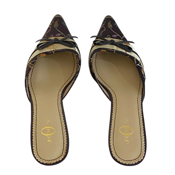 Joey O Vintage Y2K Java Brown Embroidered Silk Kitten Heel Mules Sz 10 - Picture 5 of 12